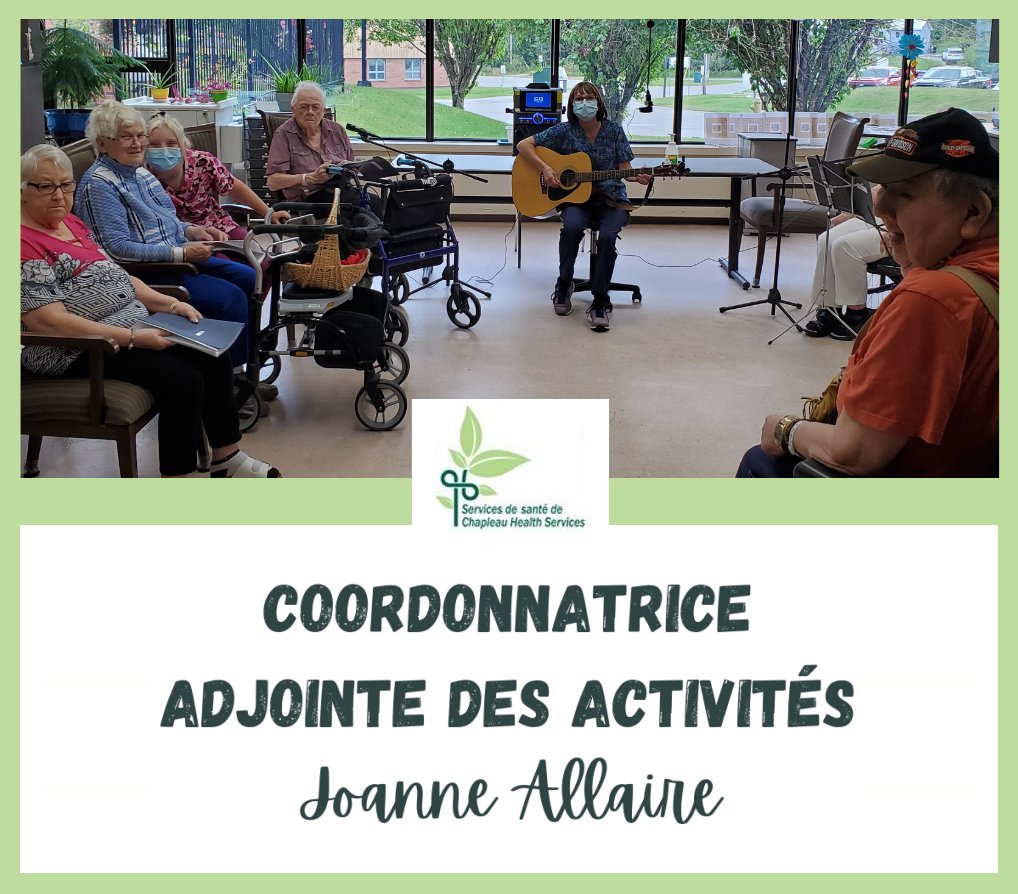 Joanne Allaire playing guitar for a group of residents